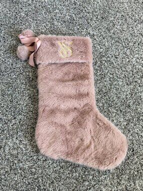 Victoria's Secret Pale Pink Faux Fur Christmas Holiday Stocking Logo Embroidered